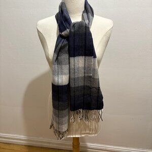 NWT John Hanly merino luxury wool scarf in grey, black and navy check